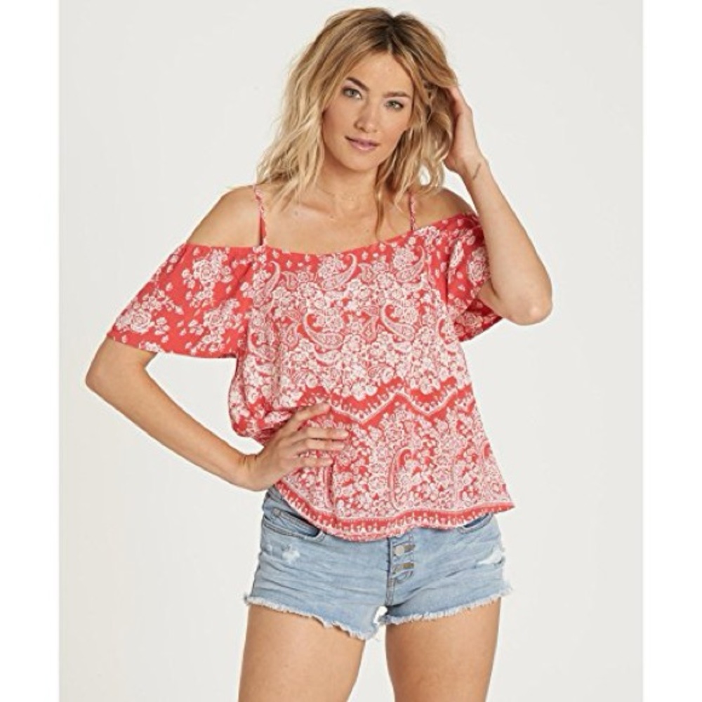 Billabong Red and White Floral Off-Shoulder Blouse